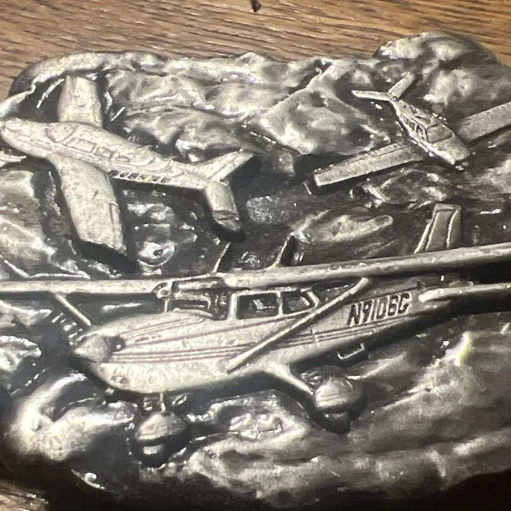 Vintage 1977 Bergamot Brass Works Airplane Belt Buckle Cessna Piper Y-39 Silver
